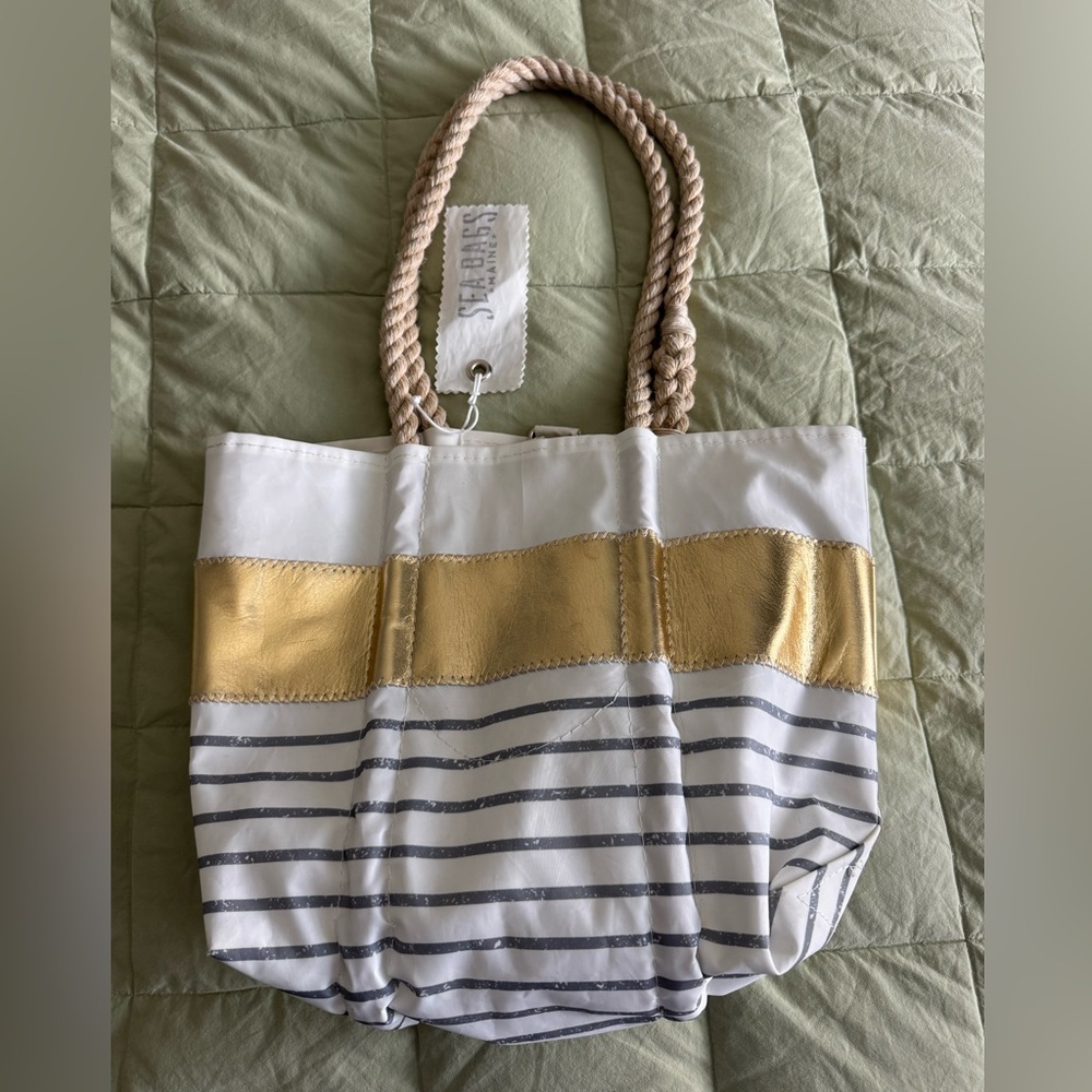 Sea Bags of Maine Tote White with Gold and Blue Stripes
